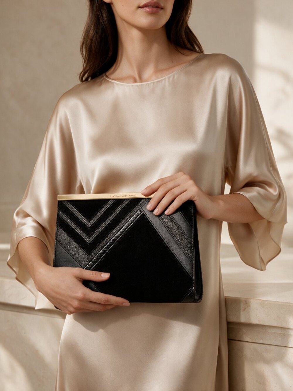DVF Diane Von Furstenberg Black Suede Leather Gold Chain Handbag / Clutch
